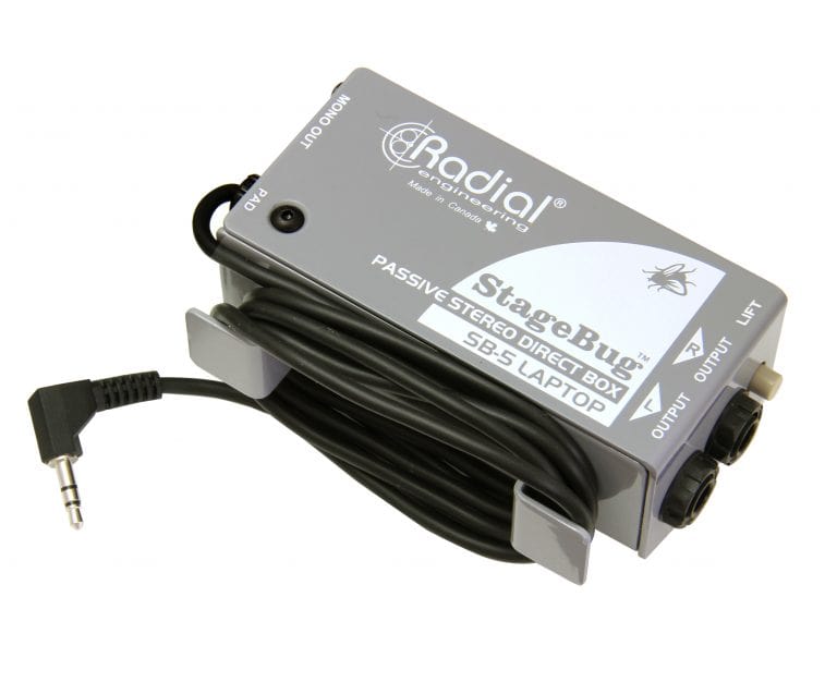 45 degree angle view of the Radial StageBug SB-5 Laptop DI Box for connecting laptops, smartphones, and tablets to PA systems.