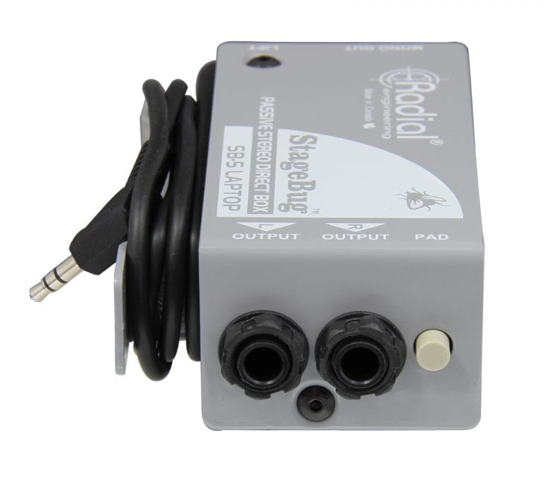 Right side view of the Radial StageBug SB-5 Laptop DI Box for connecting laptops, smartphones, and tablets to PA systems.