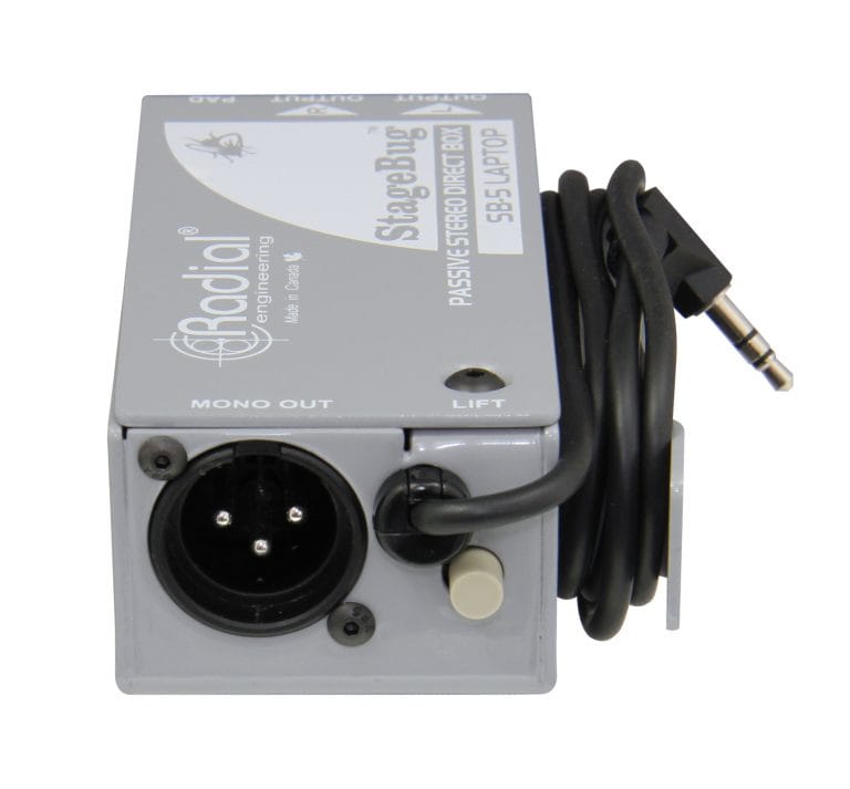 Left side view of the Radial StageBug SB-5 Laptop DI Box for connecting laptops, smartphones, and tablets to PA systems.