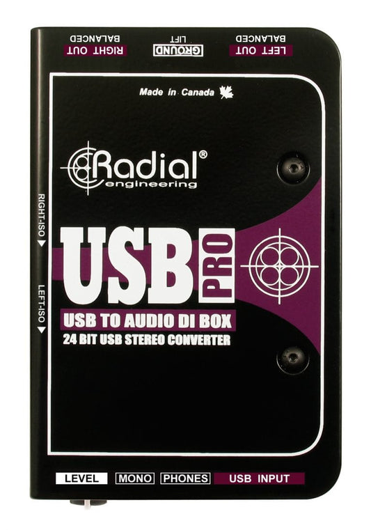 Top view of the Radial USB-Pro Stereo USB DI Box for high-quality USB to XLR audio conversion.