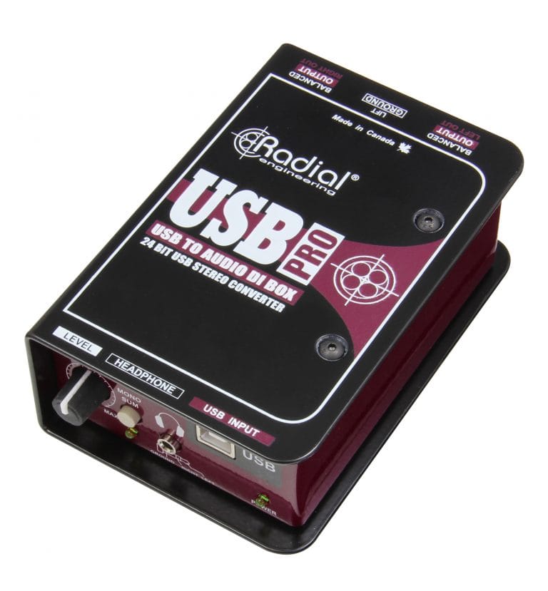 45 degree angle view of the Radial USB-Pro Stereo USB DI Box for high-quality USB to XLR audio conversion.