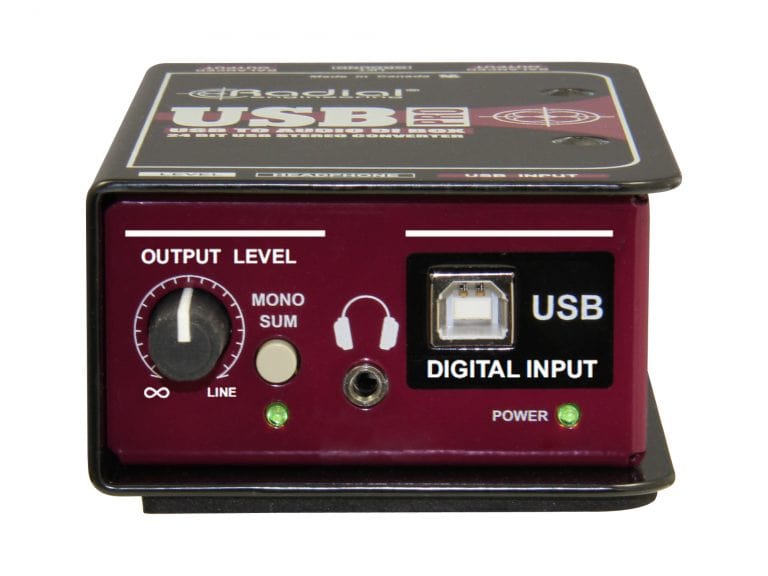 Left side view of the Radial USB-Pro Stereo USB DI Box for high-quality USB to XLR audio conversion.
