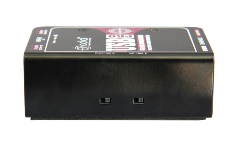Back side view of the Radial USB-Pro Stereo USB DI Box for high-quality USB to XLR audio conversion.