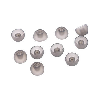 Sennheiser Ear Adapter M in translucent black, designed for enhanced comfort and fit, displayed in a pack of five pairs.