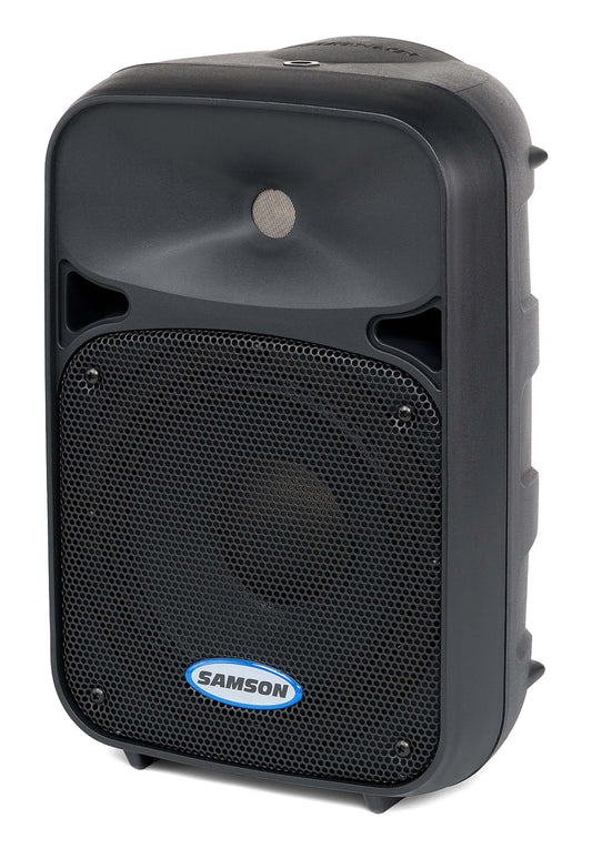 Samson Auro D208A 8-inch active speaker featuring a polypropylene enclosure, Optimax compressor/limiter, and 2-band EQ, angled view.