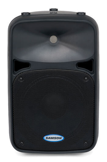 Samson Auro D210A 10-inch active speaker with polypropylene enclosure, featuring Optimax compressor/limiter and 2-band EQ.