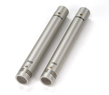 Samson C02 stereo pair of pencil condenser microphones with cardioid pattern and accessories.