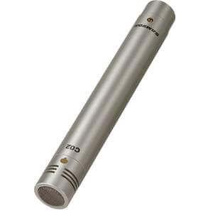 Samson C02C single pencil condenser microphone with cardioid pattern, showcasing its design and included accessories.
