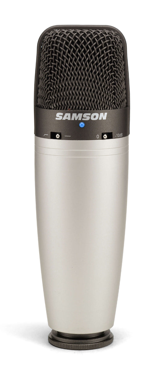 Samson C03 multi-pattern condenser microphone featuring switchable patterns and dual 19mm capsules, designed for versatile audio recording.