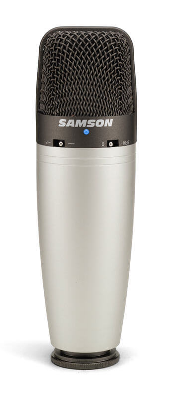 Samson C03 multi-pattern condenser microphone with switchable patterns and dual 19mm capsules.