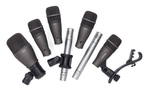 Samson DK705 5-Piece Drum Microphone Kit including kick and instrument mics, mounts, clips, and a carry case.