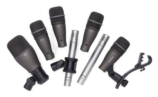 Samson DK707 7-Piece Drum Microphone Kit including kick, instrument, overhead microphones, mounts, clips, and carry case.