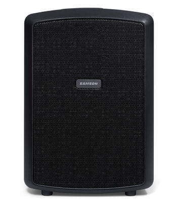 Samson Expedition XP300w portable PA system featuring an 8-inch woofer, two 3.5-inch mid-range drivers, a 1-inch tweeter, a 3-channel mixer, Bluetooth connectivity, and an XPD2 wireless handheld microphone.