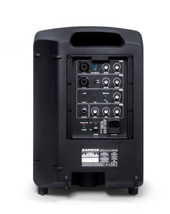 Samson Expedition XP300w Portable PA system featuring an 8-inch woofer, two 3.5-inch mid-range drivers, a 1-inch tweeter, a 3-channel mixer, Bluetooth connectivity, and an XPD2 wireless handheld microphone.
