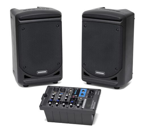 Samson Expedition XP300w portable PA system featuring an 8-inch woofer, two 3.5-inch mid-range drivers, a 1-inch tweeter, a 3-channel mixer, Bluetooth connectivity, and an XPD2 wireless handheld microphone.