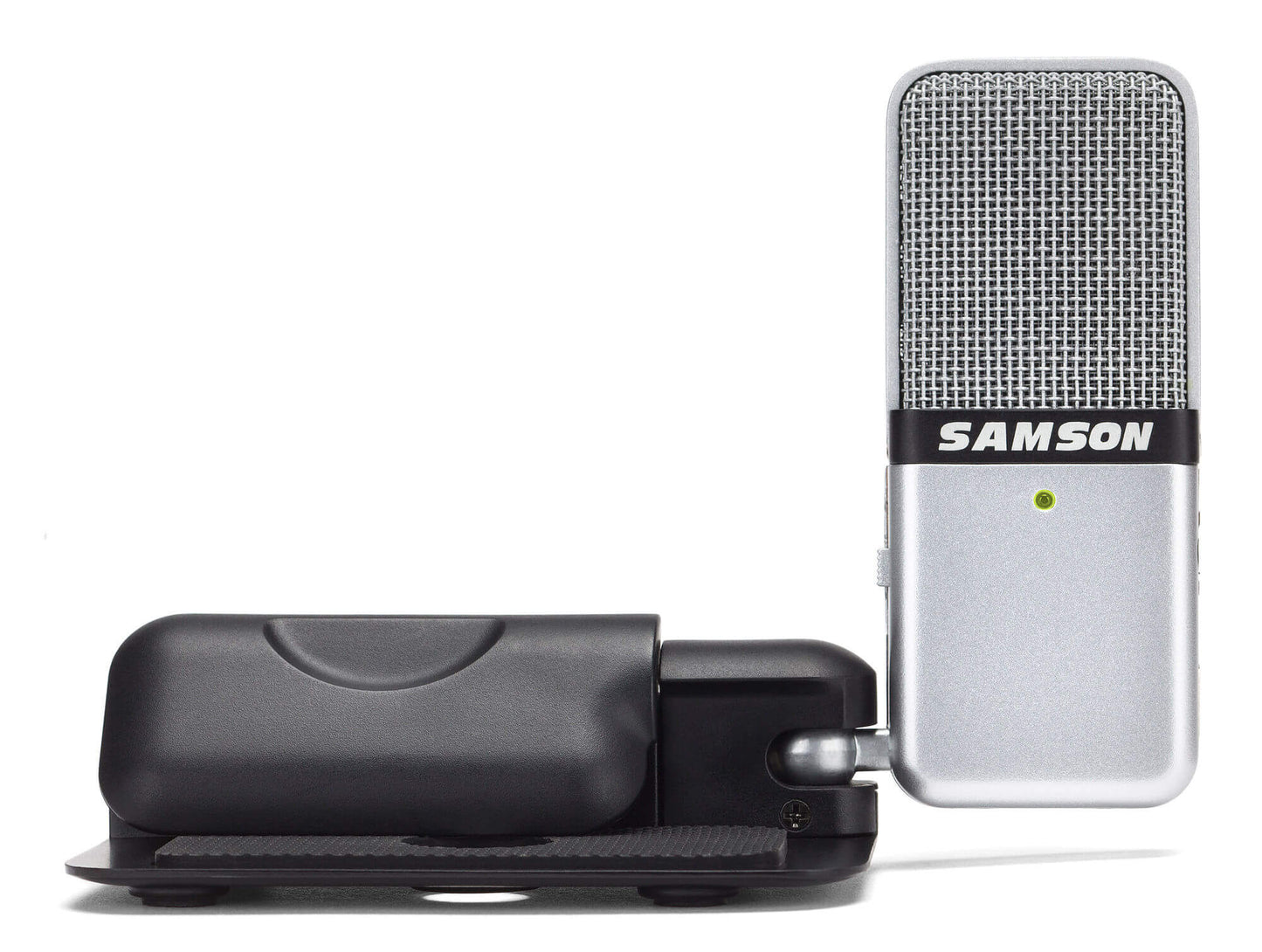 Samson Go Mic, a portable USB condenser microphone featuring switchable cardioid and omni patterns, headphone output, and accessories.