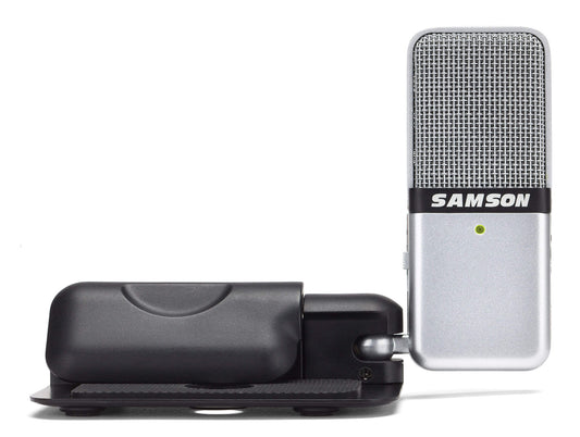 Samson Go Mic, a portable USB condenser microphone featuring switchable cardioid and omni patterns, headphone output, and accessories.