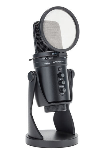Samson GTP Bf1 clip-on pop filter attached to a G-Track Pro USB microphone, angled view.