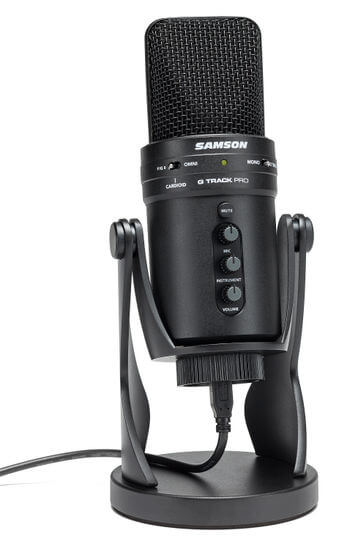 Samson G-Track Pro USB microphone displayed at an angle, featuring dual 1-inch capsules and multiple pattern options.