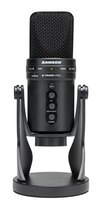 Samson G-Track Pro USB microphone with audio interface, featuring dual 1-inch capsules and multiple recording patterns.