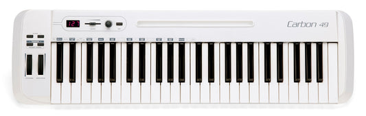 Samson Carbon 49 USB MIDI Keyboard Controller with 49 keys, assignable controls, and an iPad stand, shown from the top view.