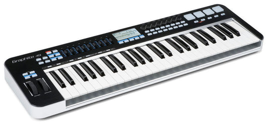Samson Graphite 49 USB MIDI Keyboard Controller featuring 49 keys, faders, encoders, and pads, with included Komplete Elements software.