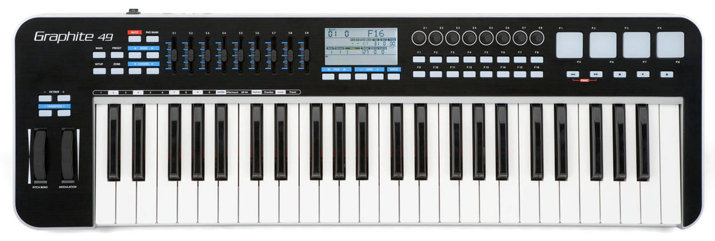 Samson Graphite 49 - A 49-key USB MIDI keyboard controller featuring faders, encoders, and pads, designed for music production and includes Komplete Elements software.