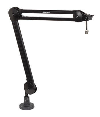 Samson MBA28 microphone boom arm mounted and opened, showcasing its design and functionality.