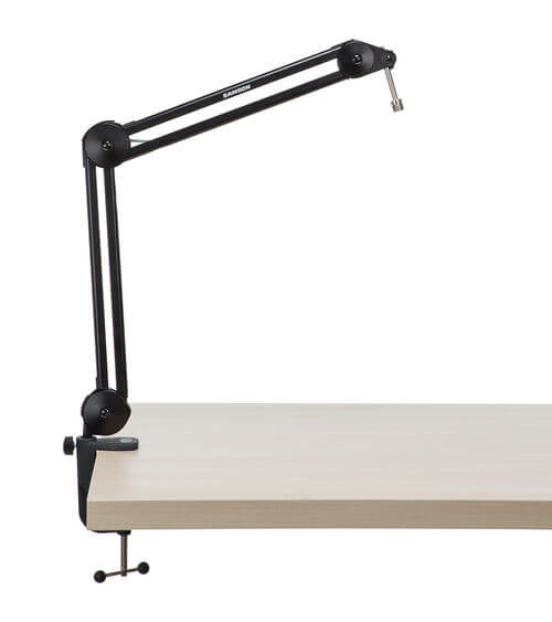 Samson MBA38 microphone boom arm mounted on a table, showcasing its design and functionality.