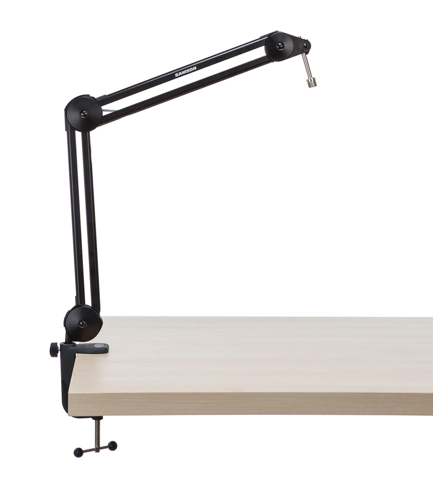 Samson MBA38 microphone boom arm mounted on a table, showcasing its adjustable features.