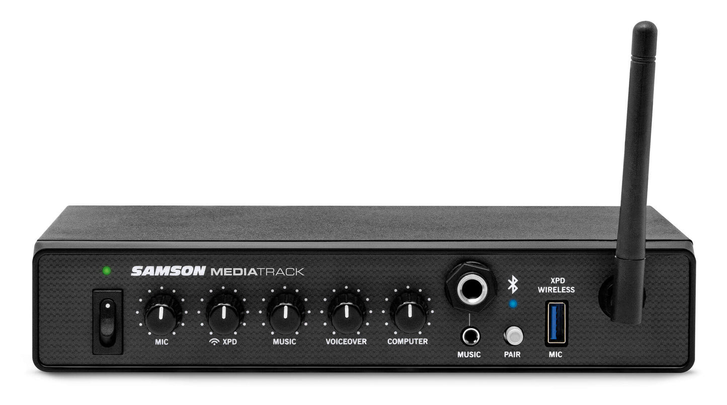 Image of the Samson MediaTrack, a 4-channel rackmount mixer and USB interface, showcasing its sleek design and multiple input options.