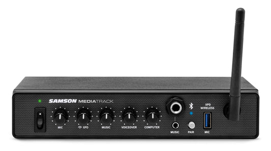 Image of the Samson MediaTrack, a 4-channel rackmount mixer and USB interface, showcasing its sleek design and multiple input options.
