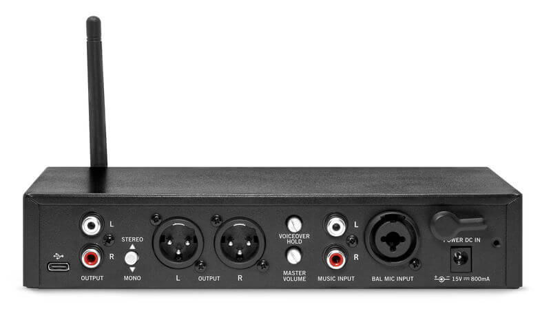 Back view of the Samson MediaTrack 4-Channel Rackmount Mixer and USB Interface showcasing its connectivity options and design.