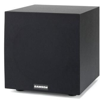 Samson MediaOne 10S 10-inch down-firing powered subwoofer with RCA inputs, phase switch, and volume control.