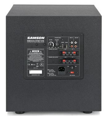 Back view of the Samson MediaOne 10S powered subwoofer showing RCA I/O, phase switch, and volume control.