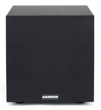 Samson MediaOne 10S powered subwoofer featuring a 10-inch down-firing speaker, RCA inputs, phase switch, and volume control.