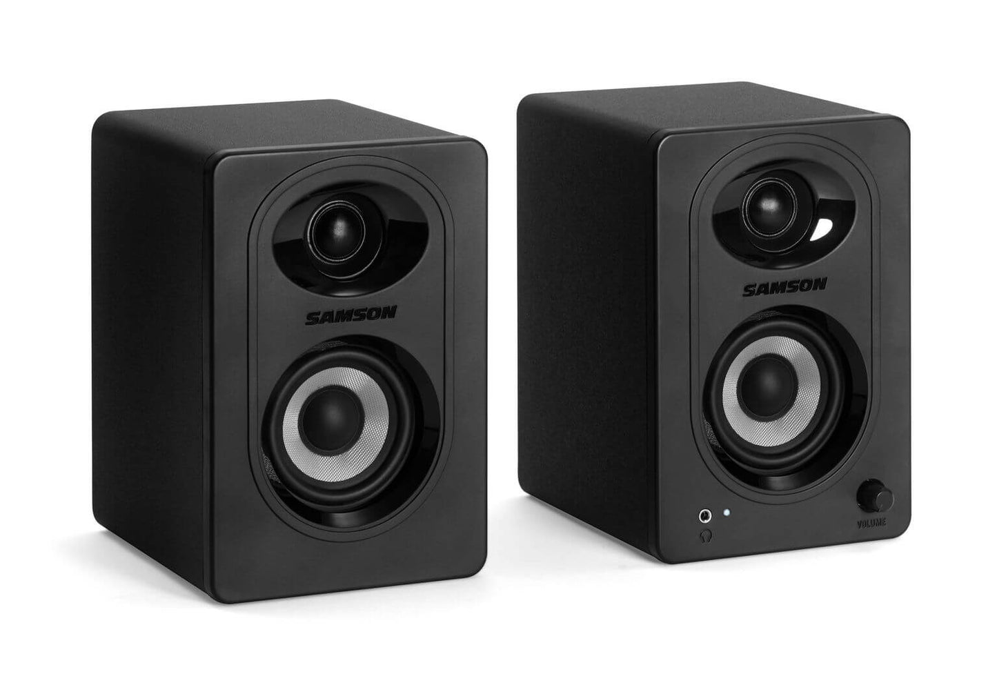 Samson MediaOne M30BT compact stereo multimedia speakers featuring 3 inch woofers, 3/4 inch tweeters, Bluetooth connectivity, and bass boost.