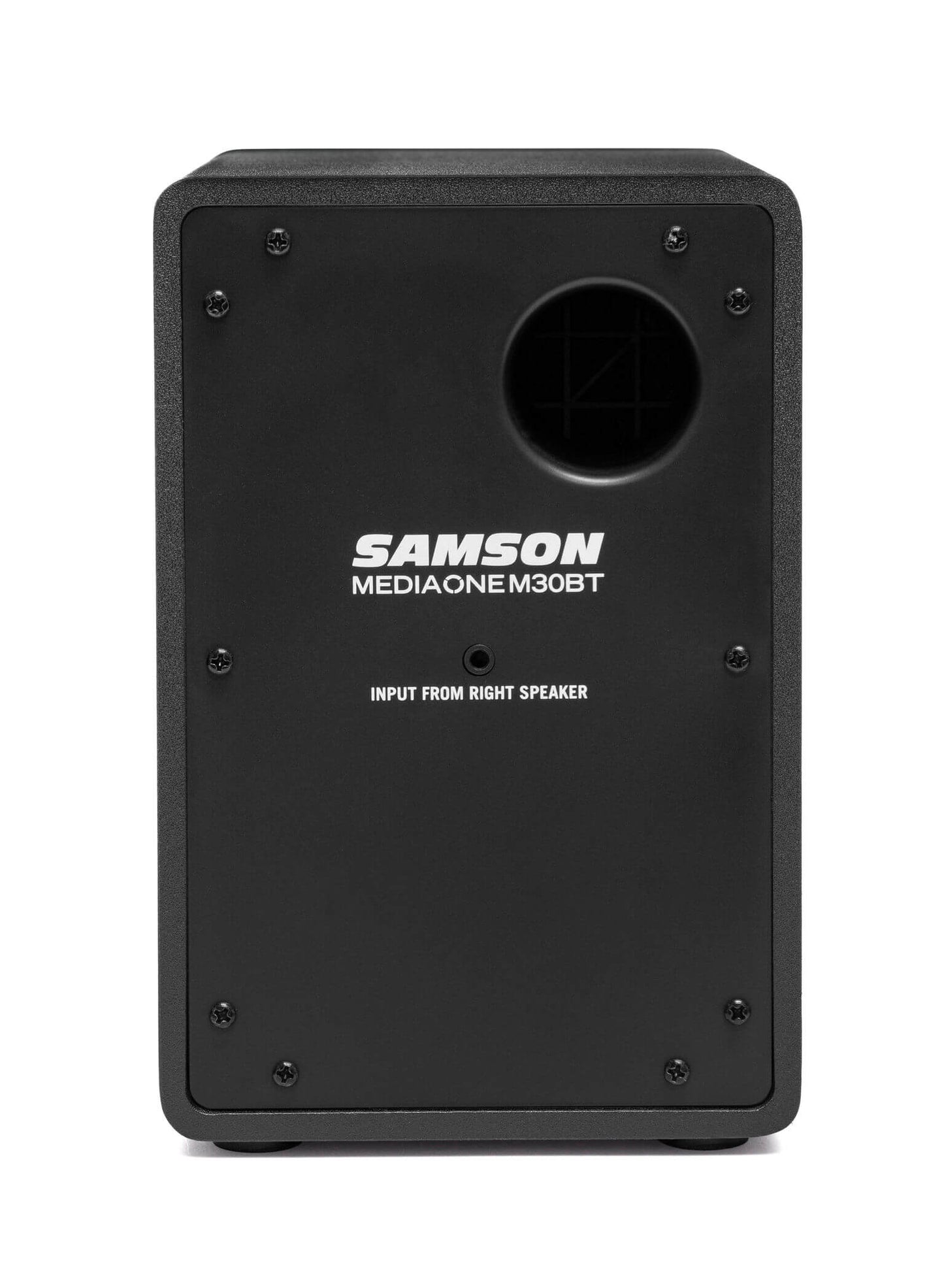Left back view of the Samson MediaOne M30BT compact stereo multimedia speakers featuring 3 inch woofers and Bluetooth connectivity.