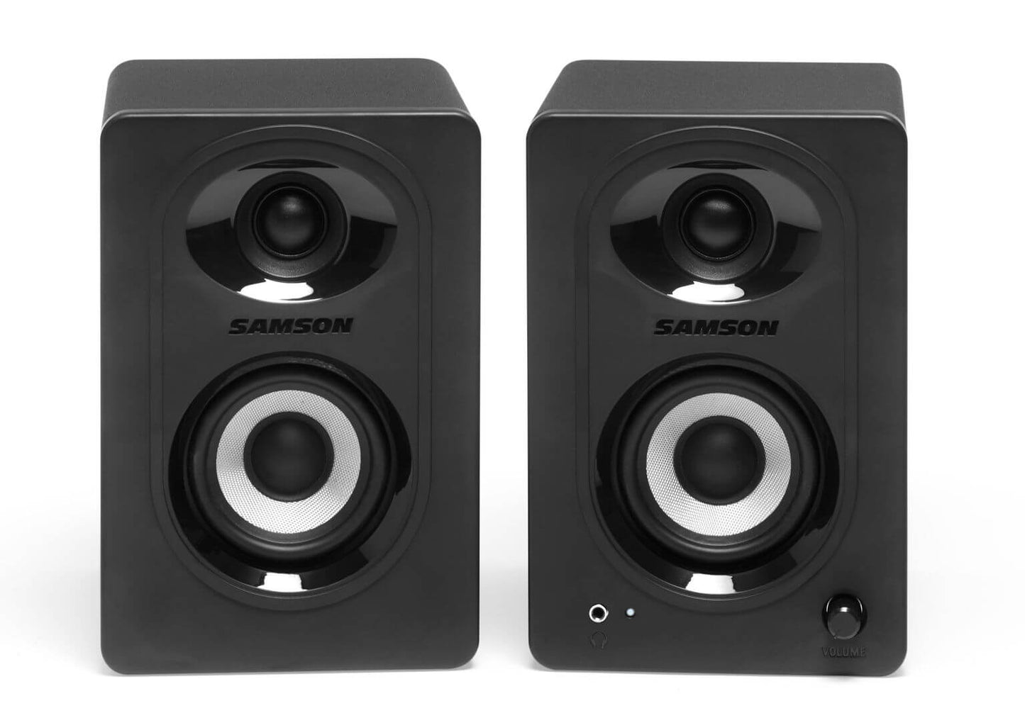 Samson MediaOne M30BT compact stereo multimedia speakers with Bluetooth connectivity and bass boost feature.