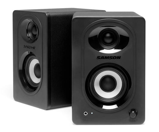 Samson MediaOne M30BT compact stereo multimedia speakers with Bluetooth and bass boost, featuring 3 inch woofers and 3/4 inch tweeters.