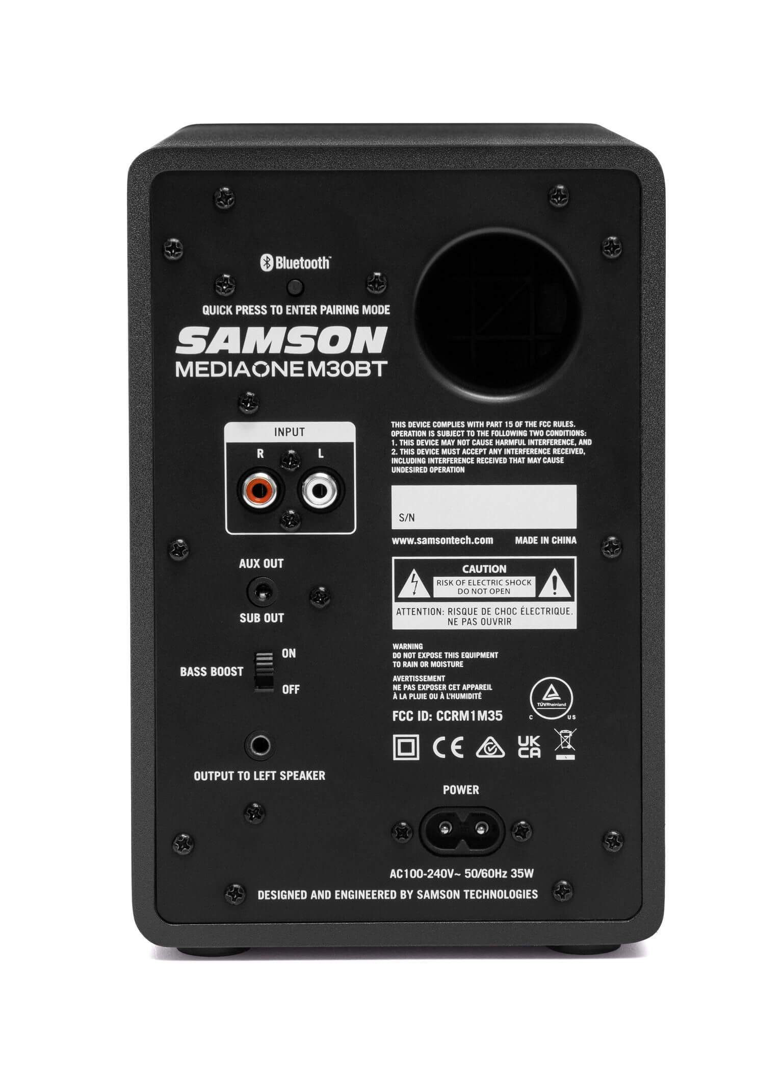 Samson MediaOne M30BT compact stereo multimedia speakers with Bluetooth, featuring 3 inch woofers and 3/4 inch tweeters, shown from the back.