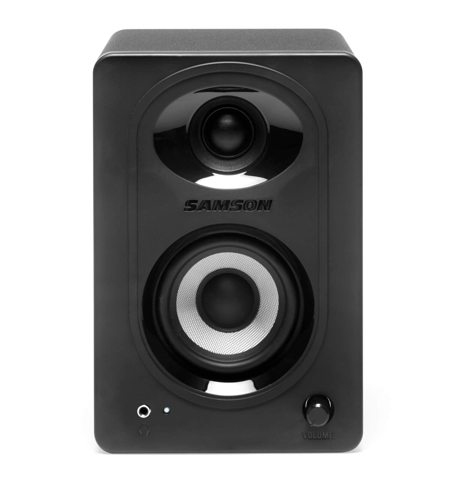 Samson MediaOne M30BT compact stereo multimedia speakers featuring 20W output, Bluetooth connectivity, and RCA inputs.