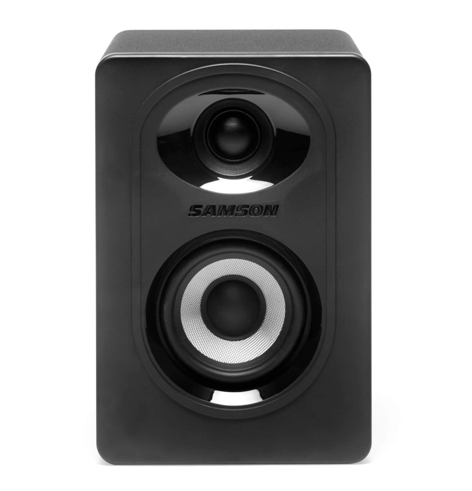 Samson MediaOne M30BT compact 20W stereo multimedia speakers featuring 3-inch woofers, 3/4-inch tweeters, Bluetooth connectivity, bass boost, and RCA inputs.