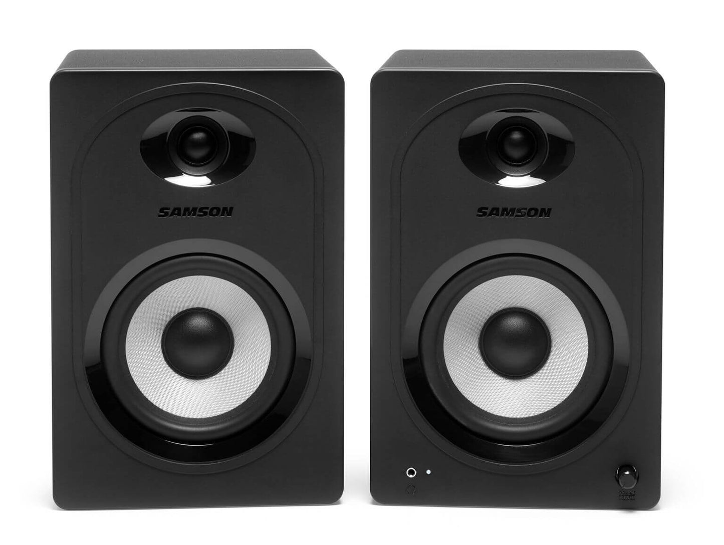 Samson MediaOne M50BT compact stereo multimedia speakers featuring 5.25-inch woofers, 3/4-inch tweeters, Bluetooth connectivity, and bass boost.
