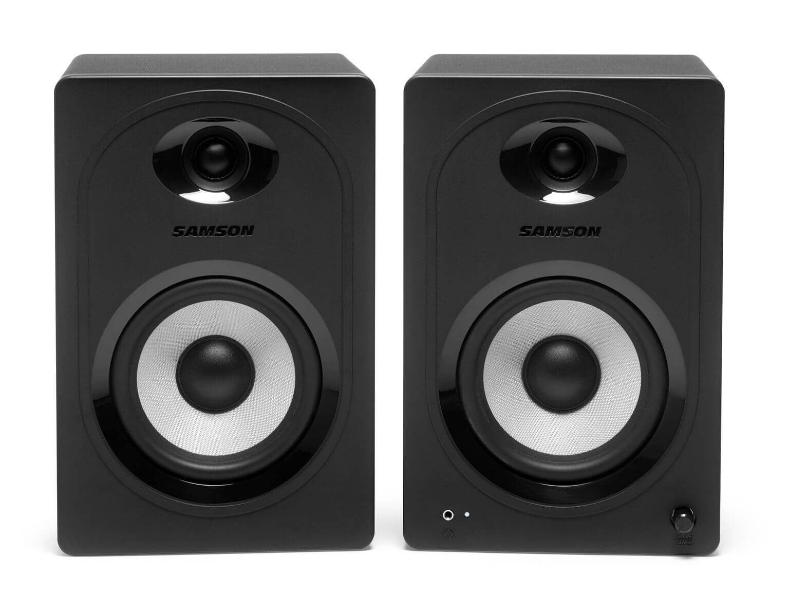 Samson MediaOne M50BT compact stereo multimedia speakers featuring 5.25-inch woofers, 3/4-inch tweeters, Bluetooth connectivity, and bass boost.