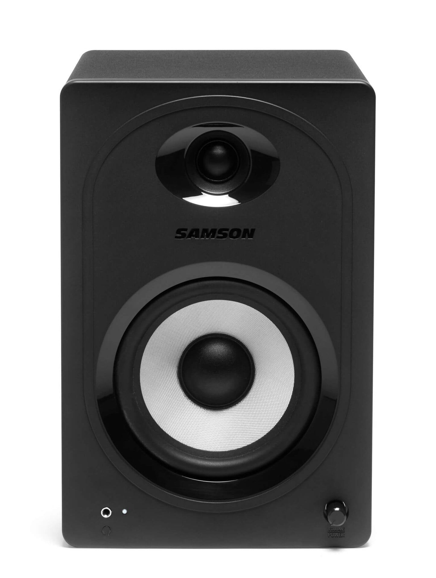 Samson MediaOne M50BT compact stereo multimedia speakers with 5.25-inch woofers and Bluetooth connectivity.
