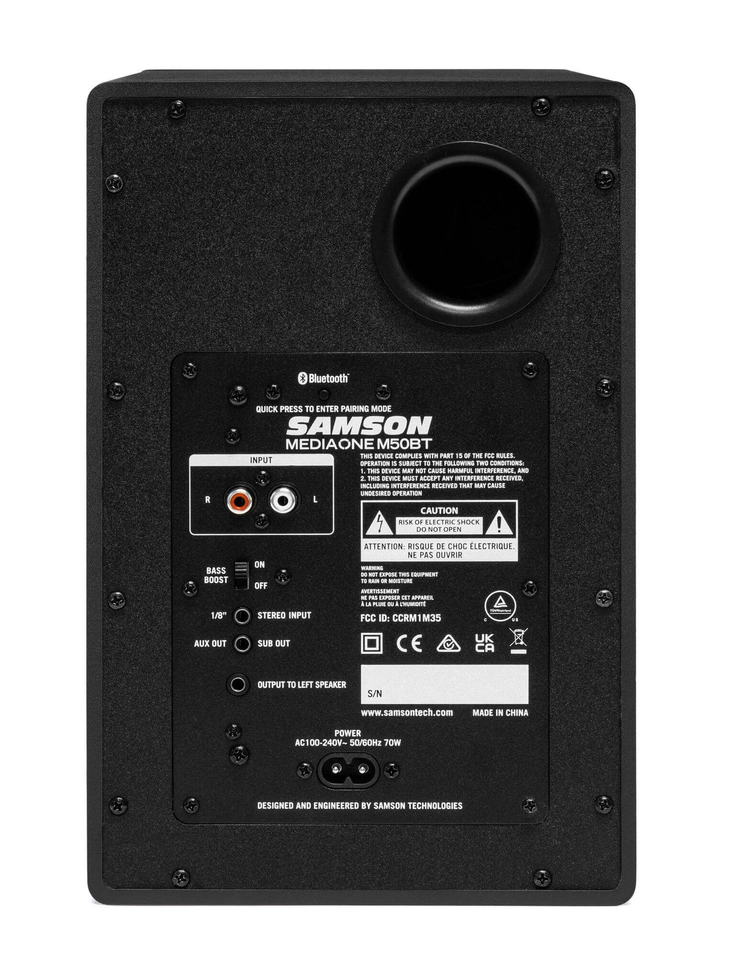 Samson MediaOne M50BT compact stereo multimedia speakers with 5.25 inch woofers and Bluetooth connectivity, shown from the back right angle.