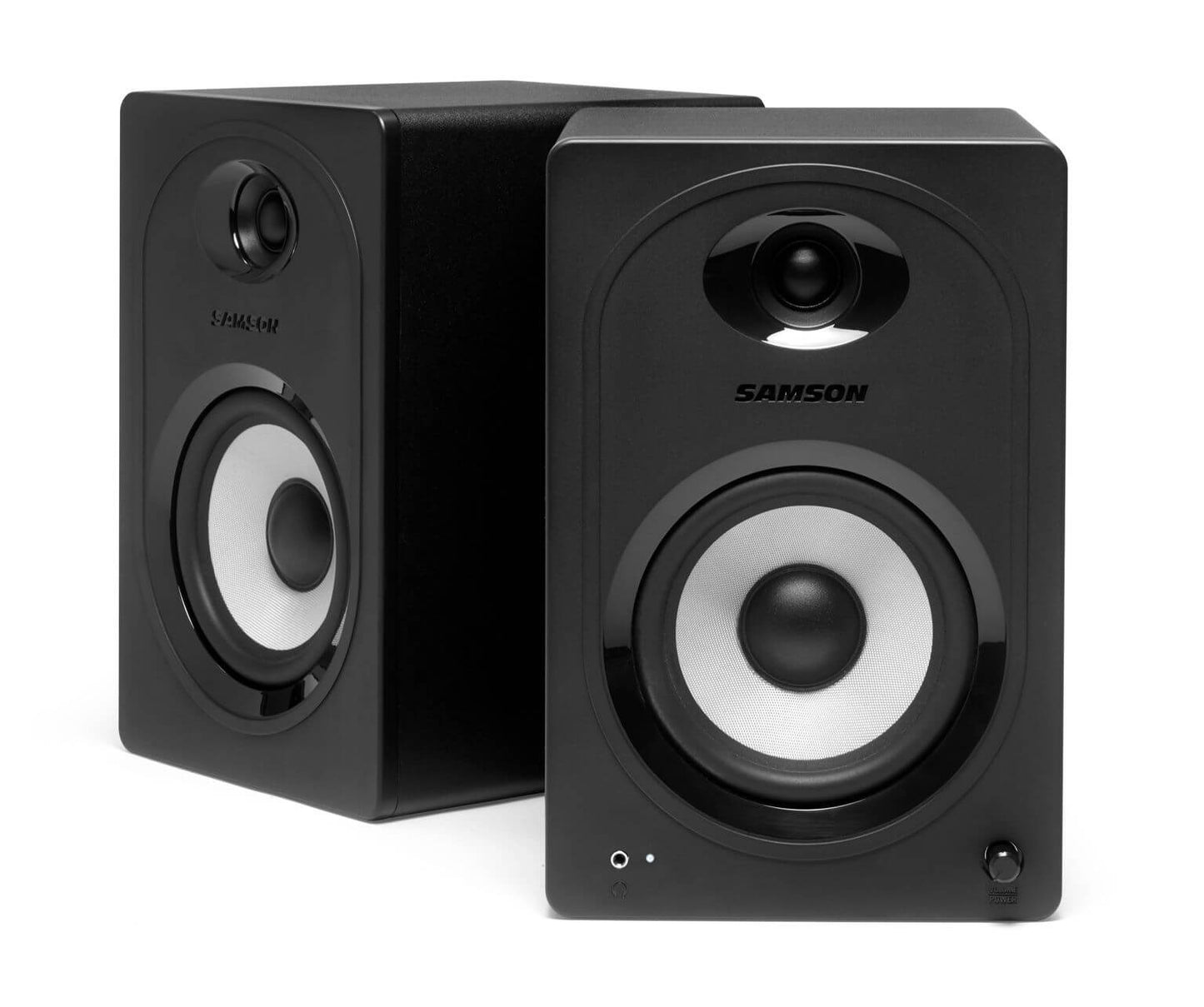 Samson MediaOne M50BT Compact 80W Stereo Multimedia Speakers featuring 5.25 inch woofers and 3/4 inch tweeters, designed for Bluetooth connectivity and enhanced bass.