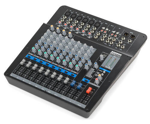 Samson MXP124FX compact 12-channel analog stereo mixer with effects and USB audio streaming, shown from an angle.