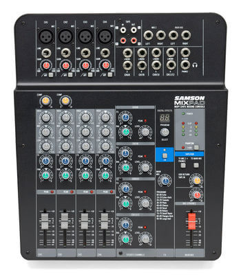 Samson MXP124FX compact 12-channel analog stereo mixer with effects and USB audio streaming, viewed from the front.